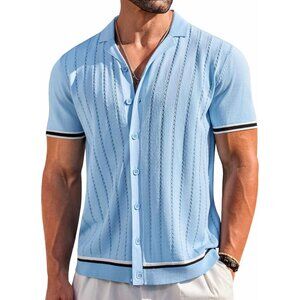 Men's Blue Short Sleeve Knit Shirt Casual Button Down Shirt Vintage